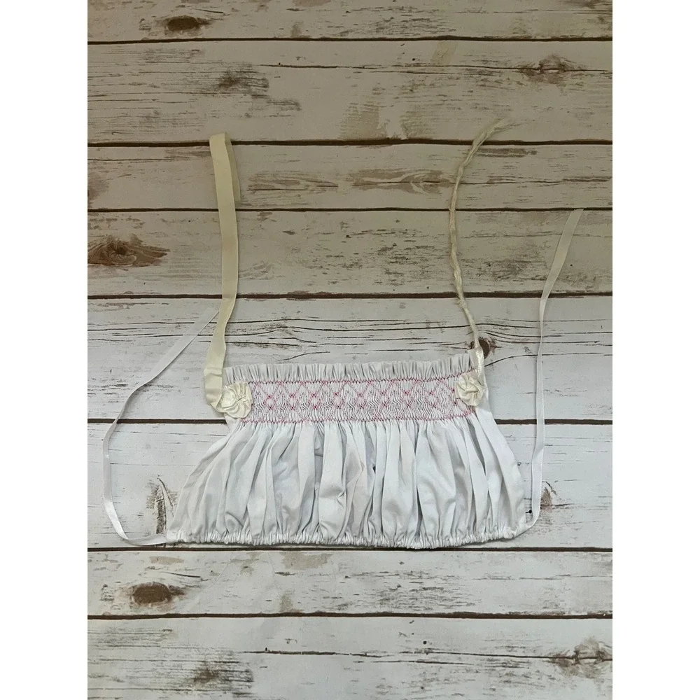Vintage Baby Bonnet White Pink Smocked Rosette Ribbon Tie Vintage Style OS